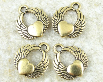 TierraCast Winged Heart Charms - Antique Gold Charms - Tierra Cast Pewter Tattoo Charms (P792)