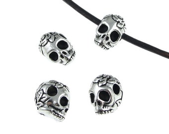 Large Hole Skull Beads - Antique Silver Beads - TierraCast Rose Skull Sugar Skull Beads for Leather (PS202)