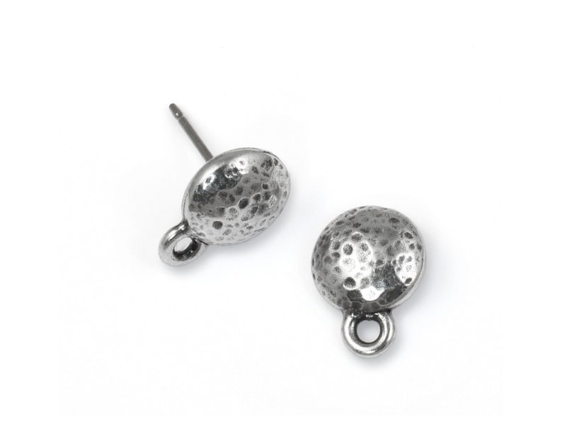 Antique Pewter Hammertone Earring Post Dome Distressed Metal Stud Ear Post with Loop Dark Antique Silver Ear Findings P2635 image 1