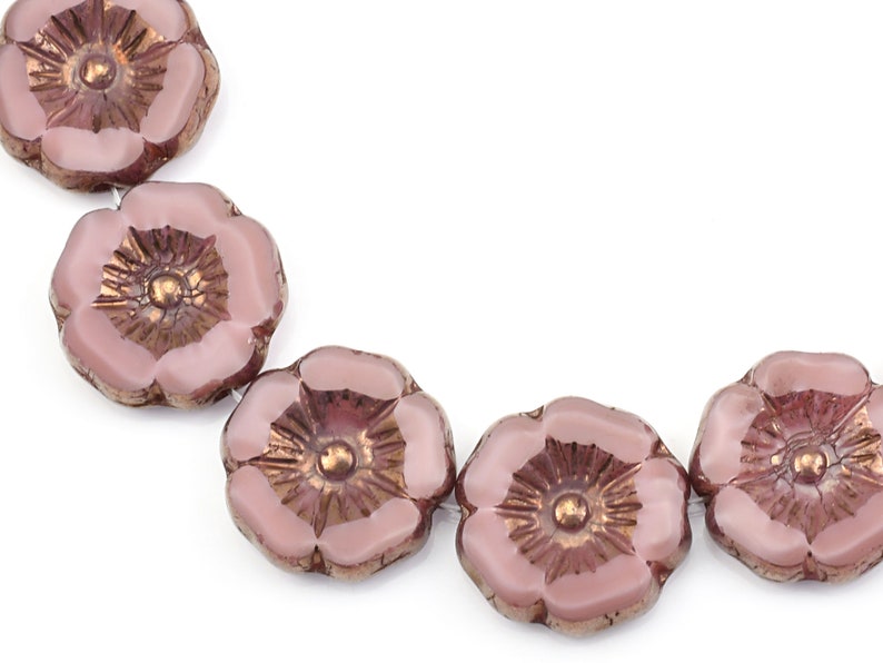 Abalorios de flores de hibisco de 12 mm Abalorios de flores rosas polvorientas Seda rosa con acabado en bronce Abalorios de flores de vidrio checo para joyería de primavera 191 imagen 6