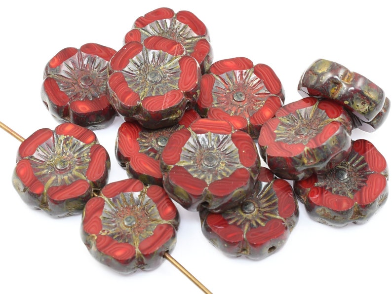 12mm Hibiscus Flower Beads Dark Red Opaline Mix with Picasso Finish Czech Glass Flower Beads for Spring Jewelry 183 image 1