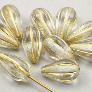 10 Pieces 13mm x 8mm Melon Drop Briolette Beads - Clear Crystal Transparent with Gold Wash - Raven&#39;s Journey Czech Glass Beads #334