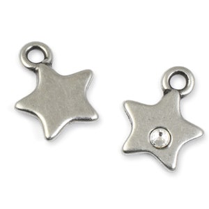 Tiny Silver Star Charm with Clear Crystal TierraCast Dark Antique Silver Pewter Charm 11mm x 14mm Celestial Flat Star Drop P2670 image 2