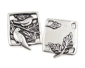 Antique Silver Charm TierraCast Botanical Birds Link Findings for Woodland Nature Jewelry Forest Leaf Charm - 2 or more pieces (P1604)