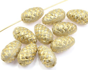10 Pieces Glass Pinecone Beads - 13mm x 8mm  White Ivory Opaque with Luster and Gold Wash - Pressed Czech Glass #262