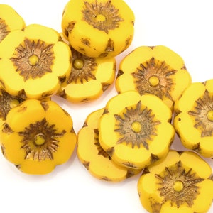 12mm Hibiscus Flower Beads Yellow Flower Beads Yellow Opaque with Dark Bronze Wash Czech Glass Flower Beads for Spring Jewelry 178 image 3