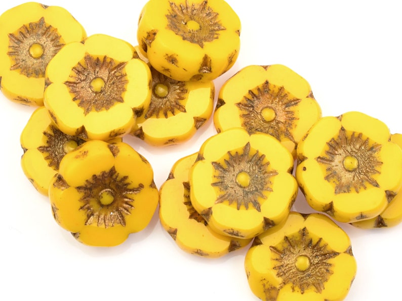 12mm Hibiscus Flower Beads Yellow Flower Beads Yellow Opaque with Dark Bronze Wash Czech Glass Flower Beads for Spring Jewelry 178 image 3