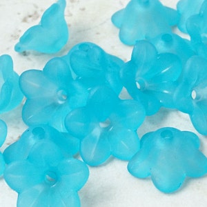 18 AQUA BLUE Frosted Lucite Flower Bead Aqua Blue 7mm x 13mm Trumpet Flower Beads Aquamarine Light Blue Lucite Beads Small Flower Beads image 1