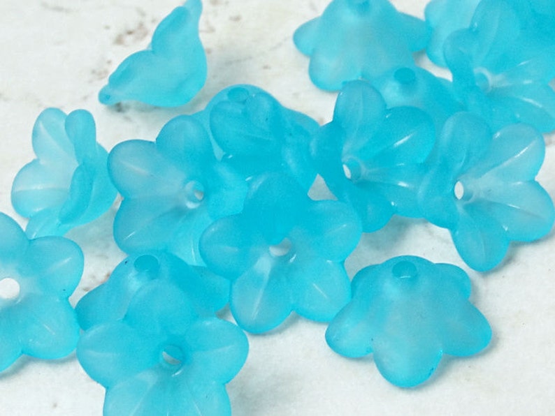 18 AQUA BLUE Frosted Lucite Flower Bead Aqua Blue 7mm x 13mm Trumpet Flower Beads Aquamarine Light Blue Lucite Beads Small Flower Beads image 1