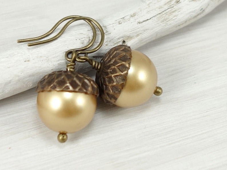DIY KIT Acorn Kit Earrings with Vintaj Natural Brass and Swarovski Crystal Pearls Autumn Jewelry Kit Fall Beaded Earrings Kit image 3