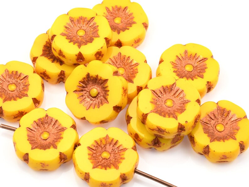 12mm Hibiscus Flower Beads Yellow Flower Beads Marigold Yellow Opaque with Copper Wash Czech Glass Flower Beads for Spring Jewelry 170 image 1