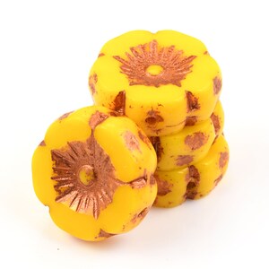12mm Hibiscus Flower Beads Yellow Flower Beads Marigold Yellow Opaque with Copper Wash Czech Glass Flower Beads for Spring Jewelry 170 image 2