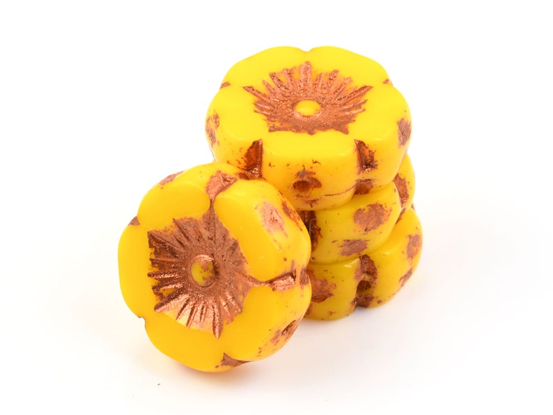 12mm Hibiscus Flower Beads Yellow Flower Beads Marigold Yellow Opaque with Copper Wash Czech Glass Flower Beads for Spring Jewelry 170 image 2