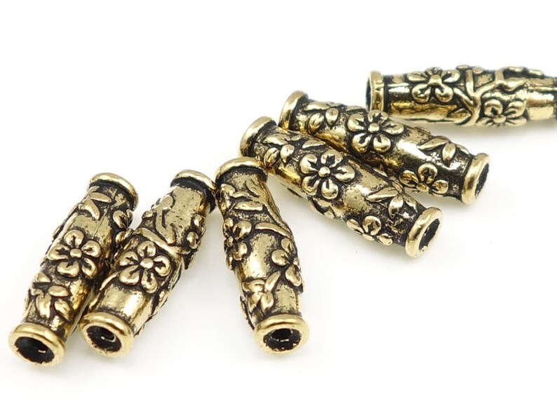 Antique Gold Beads Gold Flower Barrel Beads TierraCast Wildrose Tube Beads for Summer Spring Flower Jewelry Beads for Jewelry Making P146 image 2