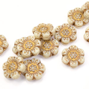 12 Flower Beads 14mm Wild Rose Czech Glass Flower Beads Bone & Gold Beads Ivory Opaque with Light Bronze Wash 095 image 5