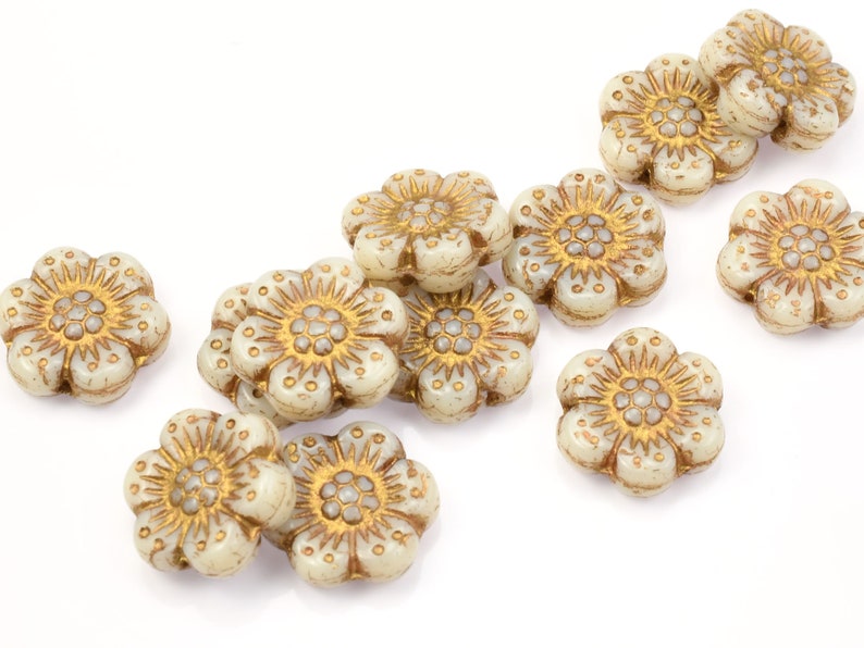 12 Flower Beads 14mm Wild Rose Czech Glass Flower Beads Bone & Gold Beads Ivory Opaque with Light Bronze Wash 095 Bild 5