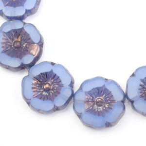 12mm Hibiscus Flower Beads Blue Flower Beads Sapphire Blue Opaline with Purple Bronze Czech Glass Flower Beads for Spring Jewelry 187 image 3