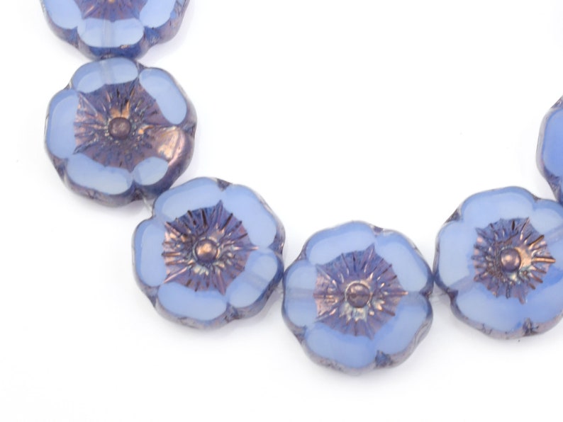 12mm Hibiscus Flower Beads Blue Flower Beads Sapphire Blue Opaline with Purple Bronze Czech Glass Flower Beads for Spring Jewelry 187 image 3