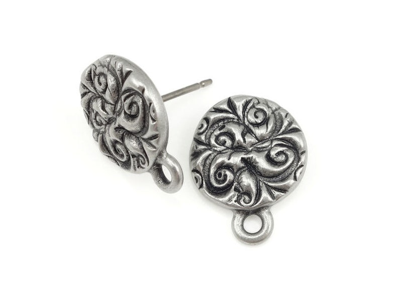 Dark Antique Silver Earring Posts TierraCast JARDIN Post Earring Findings Antique Pewter Fancy Ear Findings Bohemian Earring Studs P1414 image 1