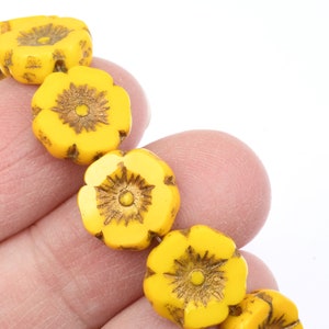 12mm Hibiscus Flower Beads Yellow Flower Beads Yellow Opaque with Dark Bronze Wash Czech Glass Flower Beads for Spring Jewelry 178 image 5