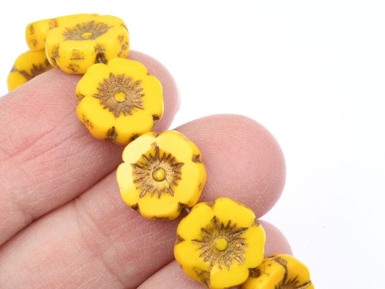 12mm Hibiscus Flower Beads Yellow Flower Beads Yellow Opaque with Dark Bronze Wash Czech Glass Flower Beads for Spring Jewelry 178 image 5