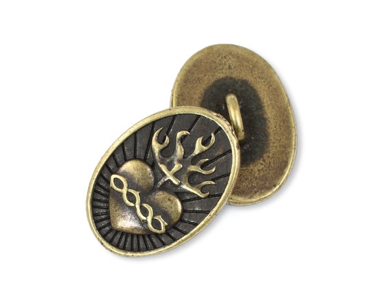 Sacred Heart Button by TierraCast - 13mm x 18mm Oval Antique Brass Button Clasp Findings for Faith Jewelry (P2596)