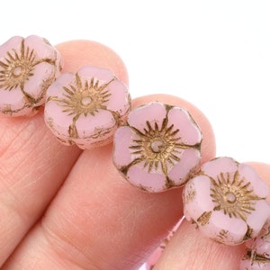 12mm Hibiscus Flower Beads Pink Opaline with Antique Finish Czech Glass Translucent Pastel Light Pink Beads for Flower Jewelry 092 image 5