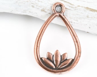 Antique Copper Lotus Pendant - TierraCast Lotus Teardrop Drop - 26mm x 16mm Copper Yoga Charms for Meditation Jewelry (P1745)