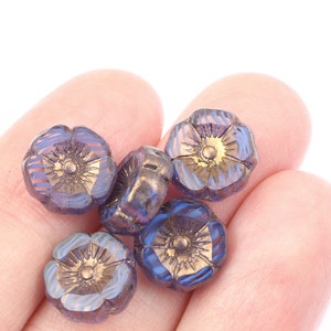 12mm Hibiscus Flower Beads Crystal Sapphire Transparent and Blue Stripe Mix with Bronze Finish Czech Glass Beads Indigo 094 image 6