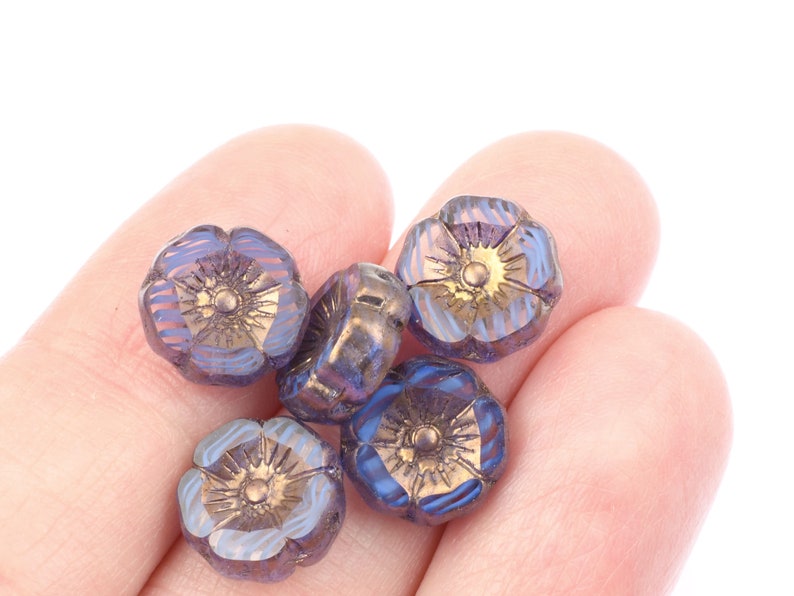12mm Hibiscus Flower Beads Crystal Sapphire Transparent and Blue Stripe Mix with Bronze Finish Czech Glass Beads Indigo 094 image 6