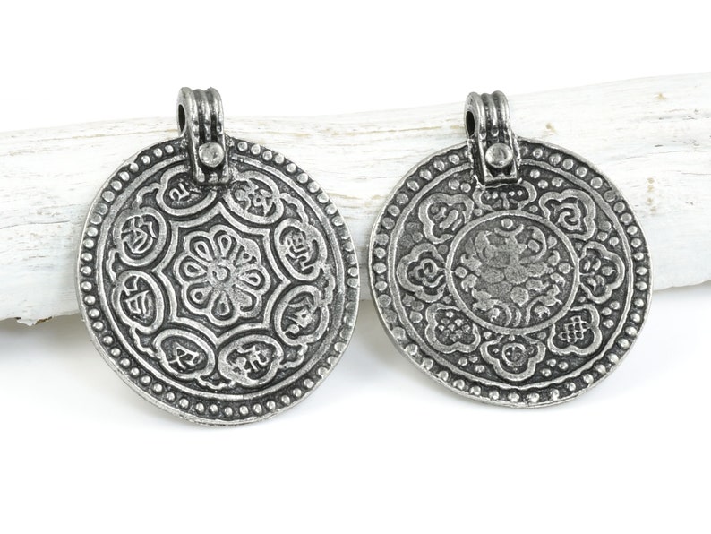 Antique Pewter Pendant for Meditation Jewelry TierraCast Eight Signs Pendant Ashtamangala Buddhism Medallion 26mm x 31mm P2420 image 4