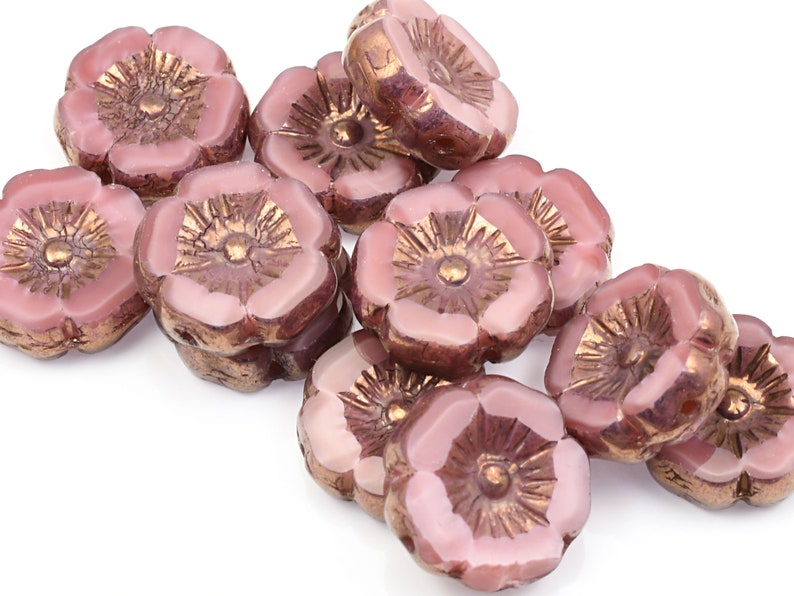 12mm Hibiscus Flower Beads Dusty Rose Pink Flower Beads Pink Silk with Bronze Finish Czech Glass Flower Beads for Spring Jewelry 191 image 3