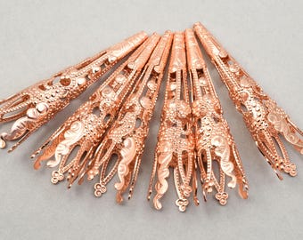 6 or more Pieces of Tall Filigree Cone Bead Caps - COPPER Bead Caps - 40mm Extra Long Filigree Bright Copper Plated Beadcaps  #FB452