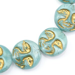 13mm Moon Face Beads Icy Blue Silk Opaque with Gold Wash Light Blue Czech Glass Coin Beads by Ravens Journey Celestial Moon Beads 738 immagine 4