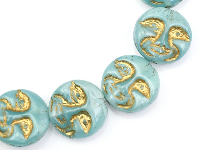 13mm Moon Face Beads Icy Blue Silk Opaque with Gold Wash Light Blue Czech Glass Coin Beads by Ravens Journey Celestial Moon Beads 738 immagine 4