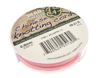PINK Chinese Knotting Cord - 0.8mm Fine Cord - 49 Feet / 15 Meters - Nylon Cord for Knotting Braiding Macrame Kumihimo Supplies