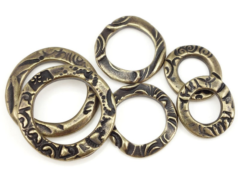6 Piece Assortment Mix of Antique Brass Circle Charms Brass Metal Rings TierraCast FLORA RING Charms Bronze Charms for Bohemian Jewelry image 2