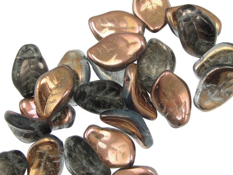 25 Blue Grey Leaf Beads 14mm x 9mm Czech Glass Leaves Montana Bronze Leaves Fall Beads Autumn Beads Golden Leaf Briolettes image 2