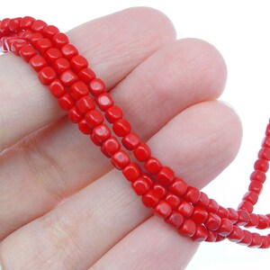 100 4mm Cube Beads OPAQUE RED Bright Candy Apple Red Christmas Red Czech Glass Beads Czech Beads String of 100 4mm Beads image 2