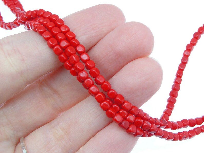 100 4mm Cube Beads OPAQUE RED Bright Candy Apple Red Christmas Red Czech Glass Beads Czech Beads String of 100 4mm Beads image 2