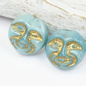 13mm Moon Face Beads Icy Blue Silk Opaque with Gold Wash Light Blue Czech Glass Coin Beads by Ravens Journey Celestial Moon Beads 738 immagine 3