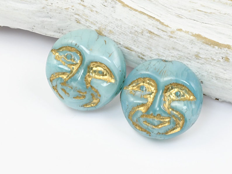 13mm Moon Face Beads Icy Blue Silk Opaque with Gold Wash Light Blue Czech Glass Coin Beads by Ravens Journey Celestial Moon Beads 738 image 3
