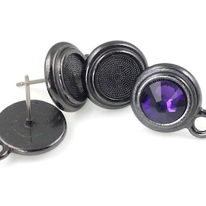 May include: A pair of black stud earrings with a purple rhinestone. One earring has a post and the other has a loop.