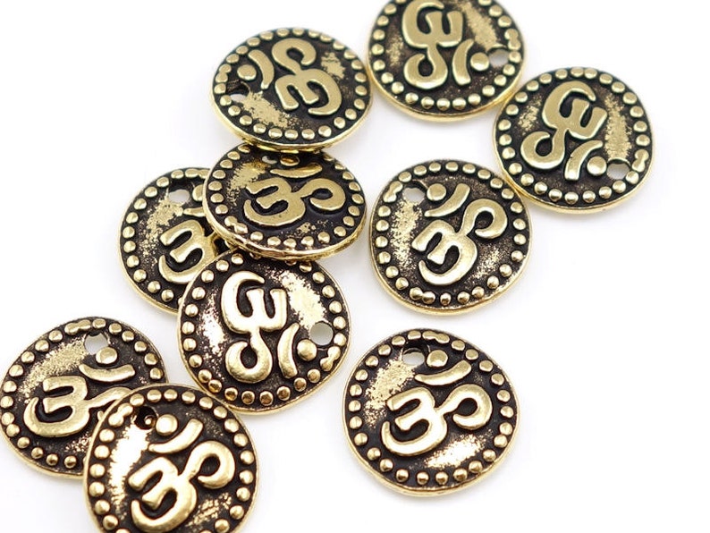 Small Om Charms Gold Charms 11mm Antique Gold Om Coin Charm TierraCast Yoga Charms Mindfulness Meditation Zen Buddhism Buddhist P362 image 3