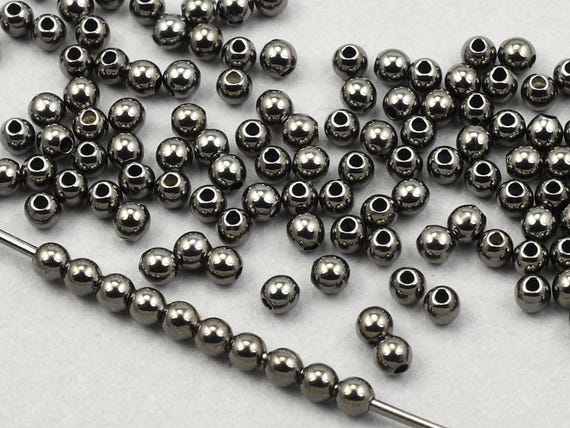 200 Pieces of 2mm Round Beads - GUNMETAL Ball Beads - Shiny Gun Metal Plated Lightly Seamed Very Small Tiny Spacer Heishi Beads  #FB131