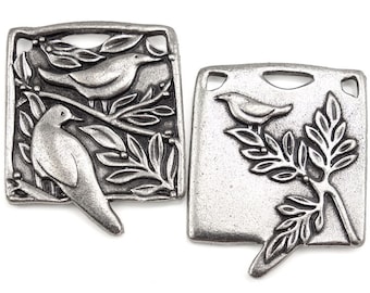 Dark Antique Silver Pendant TierraCast Botanical Birds Pendant - Double Sided Design with leaves, branches, and birds Forest Nature (P1601)