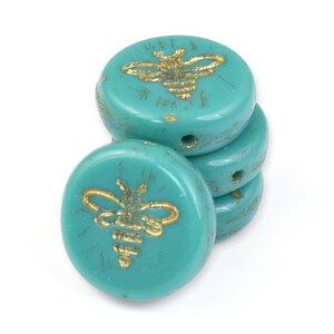 12mm Pressed Glass Honey Bee Beads Coin Shaped Turquoise Green Opaque with Gold Wash Czech Glass Beads by Ravens Journey 980 image 3