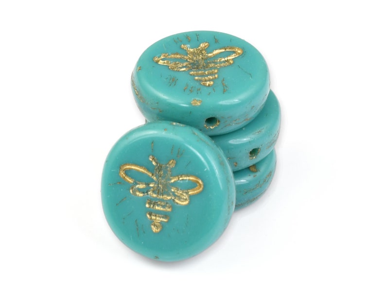 12mm Pressed Glass Honey Bee Beads Coin Shaped Turquoise Green Opaque with Gold Wash Czech Glass Beads by Ravens Journey 980 image 3