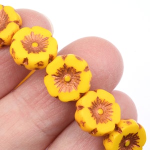 12mm Hibiscus Flower Beads Yellow Flower Beads Marigold Yellow Opaque with Copper Wash Czech Glass Flower Beads for Spring Jewelry 170 image 5