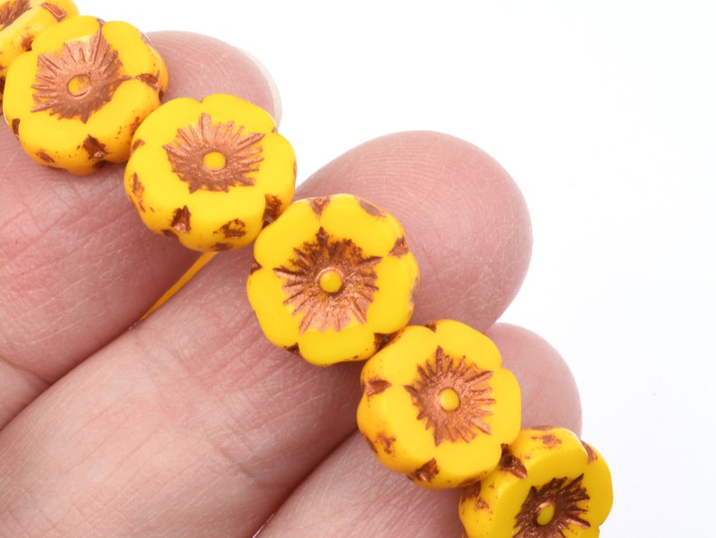 12mm Hibiscus Flower Beads Yellow Flower Beads Marigold Yellow Opaque with Copper Wash Czech Glass Flower Beads for Spring Jewelry 170 image 5